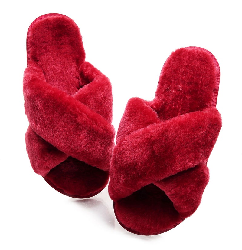Crazy Lady Women's Fuzzy Fluffy House Slippers Cute Plush Memory Foam Shoes Cross Band Indoor Outdoor Open Toe Sandals(06/Wine Red, 10-10.5) - Image 1